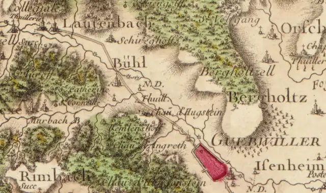 Crédits: Extrait de la carte que Cassini a effectué à la demande de Louis XV entre 1756 et 1784. On remarquera la présence de 3 moulins à Buhl, mais aussi la présence de la chapelle Sainte-Catherine et d'une chapelle N/D (Notre-Dame) qui aurait pu se situer au Petit-Château (Schlössle) en dessous de la tuilerie Grundler